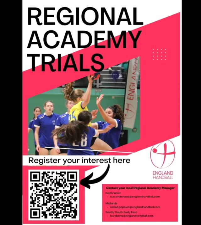 England Handball Regional Academy Trials for the 2025/26 season for U14 and U16 athletes are now also coming to the North East at the end of June!

These trials will provide a fantastic opportunity for young handball players to be identified for the @englandhandball Talent Pathway. The EHA Talent Pathway programme provides players with an additional training to their school or club training and an opportunity to begin their journey within the performance environment.

Athletes currently in Years 7, 8, 9 and 10 who are interested in attending must complete the Regional Academy Expression of Interest Form via the link below:

https://forms.office.com/Pages/ResponsePage.aspx?id=P-mJOo6qv0O7L0yvJmKOaQQNrdtGwHhNgEdpQsOnI7NUQUFJS0hLR0xUVUs2SEY5WElJMDlCRlNJRy4u

Once submitted, athletes will be contacted directly and invited to attend the trial session nearest to them. Schools and Clubs will be notified of players in attendance.