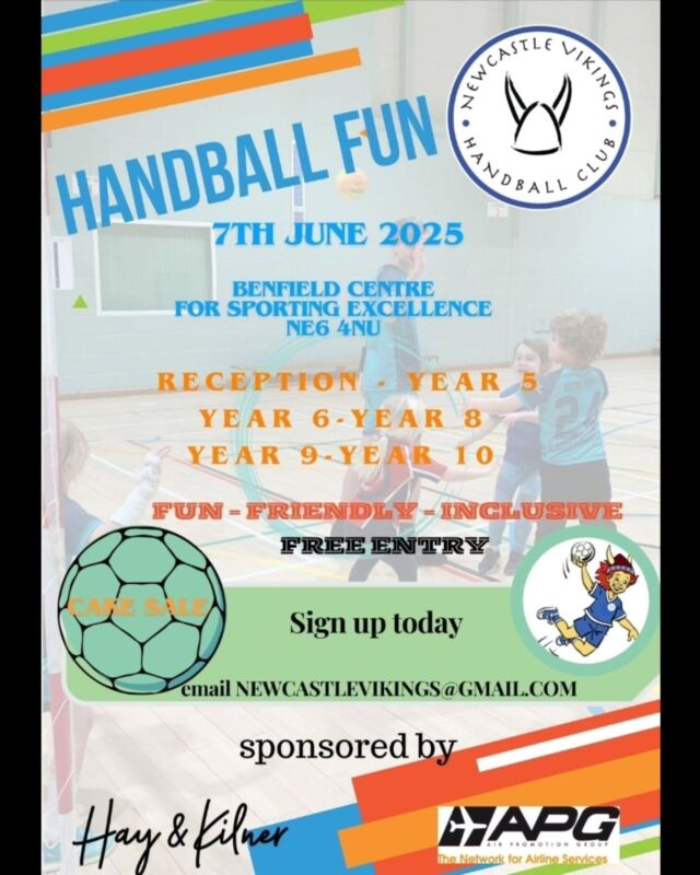Kids handball tournament fun with the Vikings at Benfield Sports Centre on Saturday 7 June, 1-6pm 🤾‍♂️🤾🏼‍♀️🤾🏻 Bring your friends to come and join in too 😃

1-3pm Minis fun handball
1-3:30pm U13 tournament
3-6pm County and U16
Cake sale and tombola 🍰🍾

➡️ Email us at newcastlevikings@gmail.com to sign up and for further info!

@benfieldsportscentre @hay_kilner