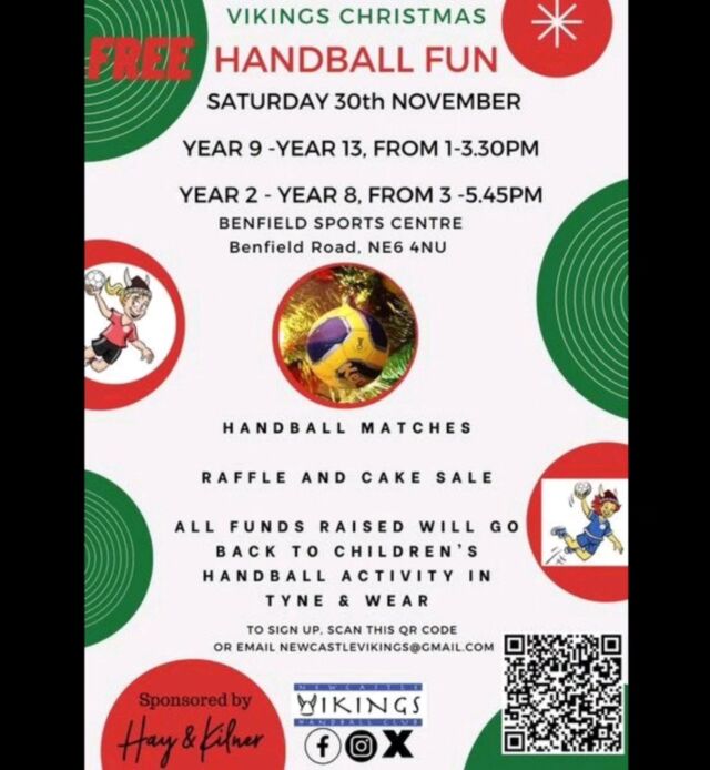 Come and join in some festive handball fun with our Vikings kids next weekend at Benfield Sports Centre 🤾‍♂️🤾🏼‍♀️🤾🏻 Plus it'll be the last chance to enter our Big Christmas Raffle too 🤩

@hay_kilner @benfieldsportscentre #juniorhandball #newcastlehandball #newcastlevikings #vikingshandball